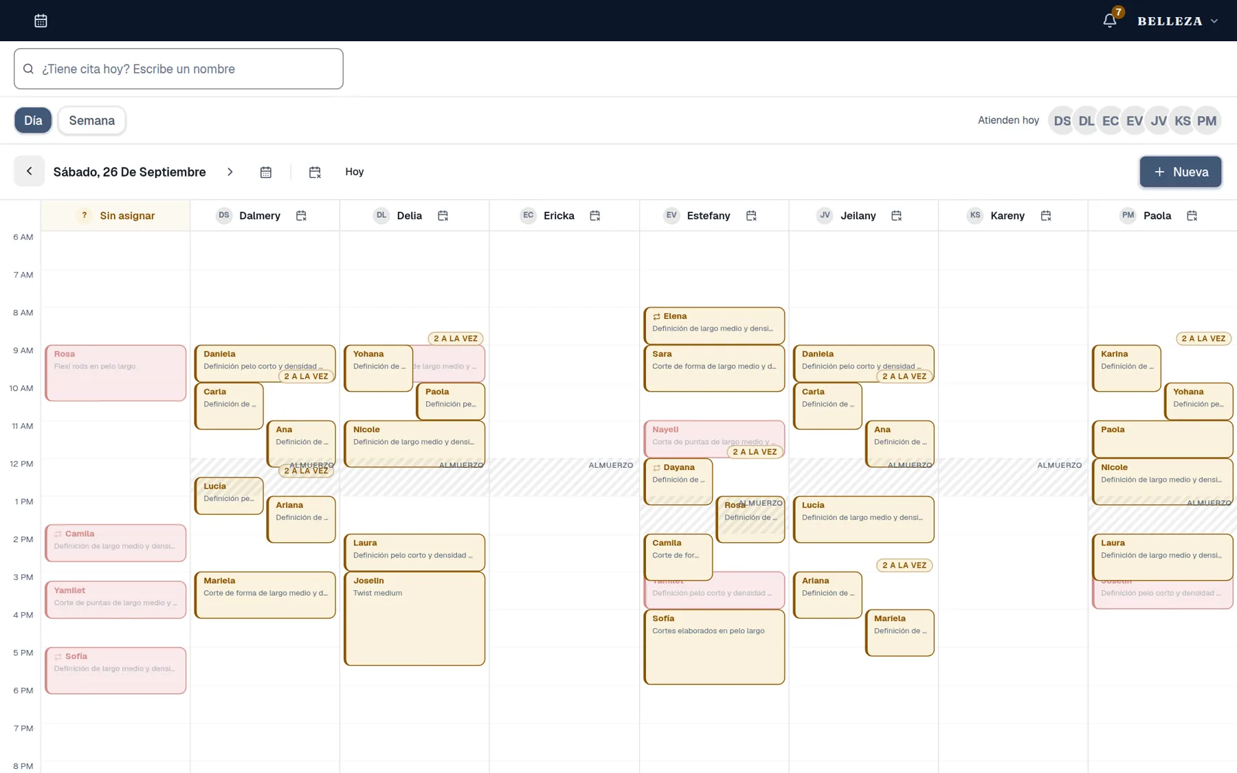 Agenda por profesional con las citas del día